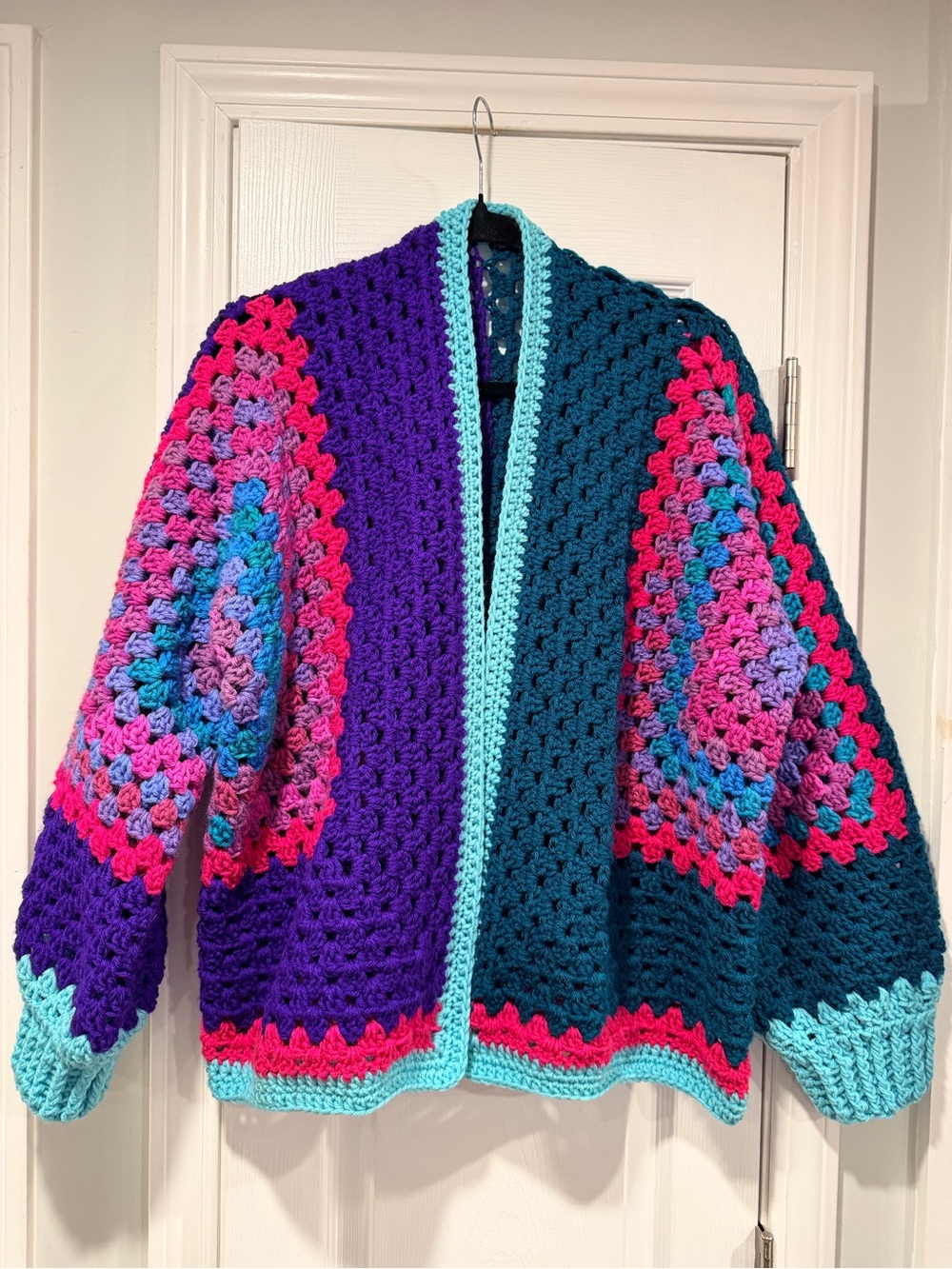 Handmade Crochet Granny Square One Size Cozy Cardigan Boho Chunky Knit Sweater